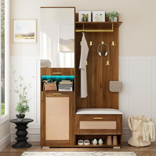 Ktipm Juego de Perchero Mueble Recibidor Entrada con LED y 6 Ganchos, Conjunto de Perchero Entrada Recibidor con Espejo y Banco Almacenaje, Muebles Percheros con Estante, 110x38x190 cm, Blanco+Nogal
