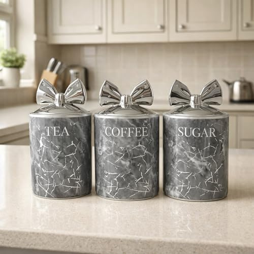 BMLIMITED BML Marble Tea Coffee Sugar Canister Set With Silver Bow Lids Ceramic Kitchen Storage Jars Suitable For Countertop Use Modern Home Decor Containers For Everyday use (Gray)
