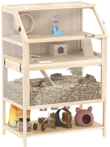 PawHut Gabbia per criceto in legno XXL – Habitat per roditori a 3 piani con pannello acrilico e ruota – Casa piccolo animale di lusso con accessori e ripiano di stoccaggio, 80 x 53 x 117 cm, effetto