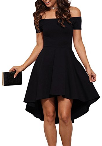 Sarin Mathews Women Off The Shoulder Short Sleeve High Low Cocktail Skater Dress Black M