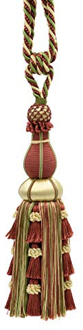 Raffhalter mit Quaste, groß, elegant, Salbeigrün, elfenbeinfarben, dunkles Rostmuster, 30 cm Quaste, 76 cm Spreizbreite (Umarmung), 10 mm Kordel, Alexander Collection Stil # 21771 Farbe LX06