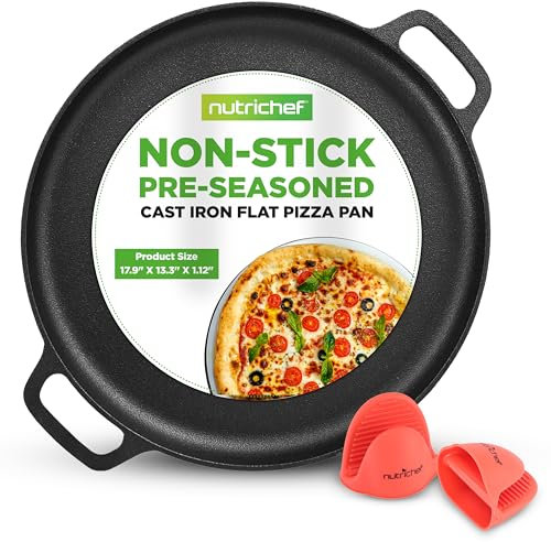 13 Cast Iron Pizza Pan - Cast Iron Pizza Baking Pan Steel Pizza Cooker W/Easy Grip Handle - For Gas, Electric, Glass, Induction Cooker, Oven, & Grill/Campfire - 2 Silicone Handles - Nutrichef NCCIPD