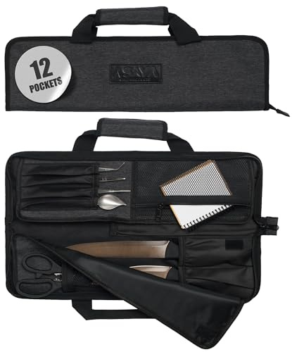 Asaya Chef Knife Roll Bag - 12-Pocket Chefs Case for Kitchen Knives and Utensils, Lightweight Stain-Resistant Waxed Nylon Chef Knife Bag - Knives Not Included (Black)