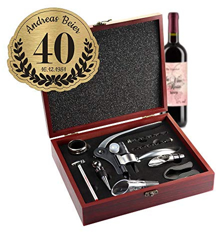 AMAVEL Sommelier Set mit 10 Wein-Accessoires, Geschenkbox aus Holz mit Plakette und Gravur zum 40. Geburtstag, Geschenkidee für Weinliebhaber