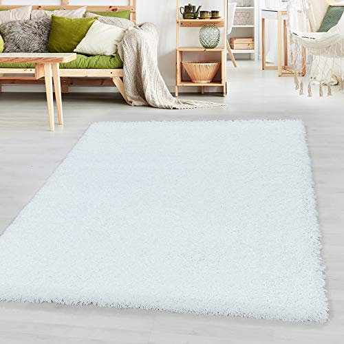 SIMPEX Teppich Wohnzimmer Shaggy 80 x 150 cm Weiß Modern Einfarbig Design - Hochflor Teppich Schlafzimmer Pflegeleicht und Extra Weich - Flauschiger Teppich Läufer für Küche Esszimmer Kinderzimmer