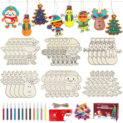 30PCS Holz Weihnachten Deko, EBANKU Weihnachtsbaum Anhänger Christbaumschmuck Weihnachtsanhänger mit Aquarellstiften, Jingle Bells und Lanyards für Weihnachtsbaum DIY Dekoration
