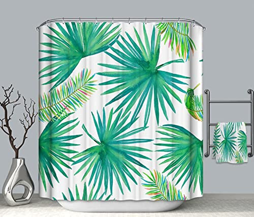 EHOMERY Duschvorhang Nach Maß Duschrollo Zum Einhängen Laub Polyester Grün Weiß Rostfreie Ösen Und 12 Hakenringe, 140X180Cm