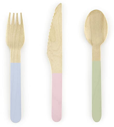 18-teilig Einwegbesteck Set Pastell Farben Holzgabeln Holzmesser Holzlöffel nachhaltiges Einwegbesteck Holz für Party Camping Hochzeit Geburtstag Besteck einweg aus Holz Pastellfarben