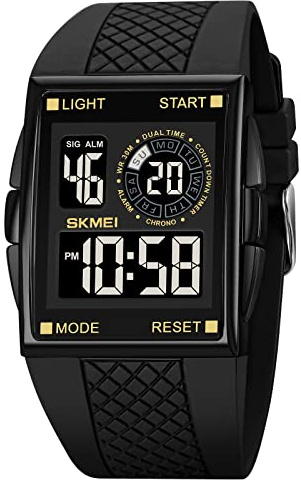 CakCity Reloj deportivo digital para hombre y mujer, pantalla de cristal, esfera grande, aleación de concha cuadrada, impermeable, casual, cronómetro, alarma, reloj simple, Oro, Digital