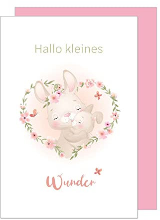Edition Seidel Premium Glückwunschkarte zur Geburt mit Umschlag. Karte Babykarte Ereigniskarte Grusskarte Hallo kleines Wunder Hasen Herz Ereignis Mädchen (E267 SW023)