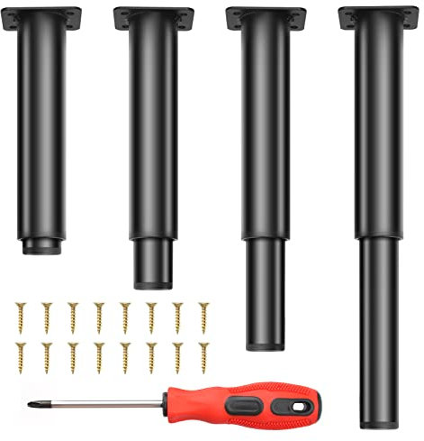 4 patas ajustables de metal para muebles, patas de repuesto para sofás, mesas, armarios, patas de metal redondas negras, altura ajustable (15-25 cm) con tornillos y destornillador