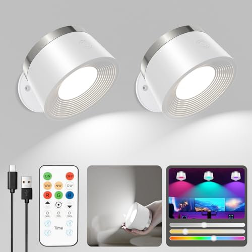 Speclux Battery Operated Wall Lights 2 Pack, LED Rechargeable Wall Lights Indoor, 3500mAh Magnetic Wall Lamp with Remote, 3 Color Temperatures & 13 RGB & Dimmable 360° Free Rotation Wall Sconces