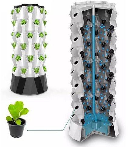 Hydroponics Tower Kit, Garden Hydroponic Growing System Vertical Tower, DIY Hydroponics Farm Equipment Aeroponic for Indoor Herbs and Vegetables with Hydration Pump, Seedbed and Net Pots,Black-80Pots