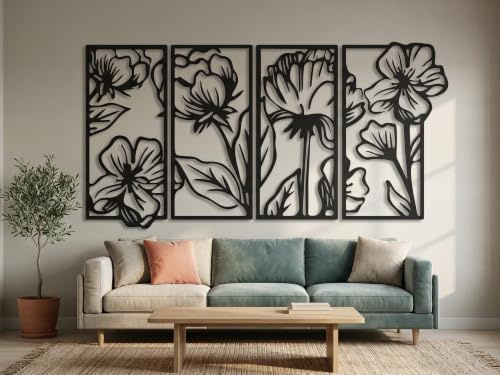 VAILLA Blumen Wanddeko Holz 3D – Wandbild 3er Set Wohnzimmer Schlafzimmer | MDF Sperrholz, Lasergeschnitten, Botanik Blüten, 5 Größen, Schwarz Grau Gold, personalisierbar, Esszimmer Küche Eingang Flur