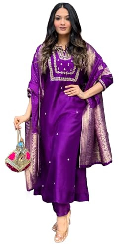 GoSriKi Rayonblandning för kvinnor rak broderad Kurta med byxa och Dupatta, Begani, L