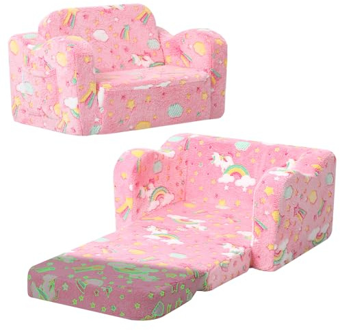 MeMoreCool Kindercouch, Faltbarer Kleinkindstuhl, Bett, weicher Plüsch, ausklappbarer Kindersessel, Boden, Mini-Sofa, leuchtet im Dunkeln, Bequeme Baby-Liege für Mädchen und Jungen, buntes Einhorn