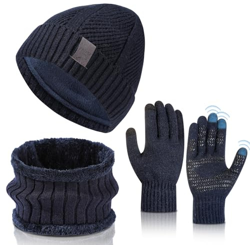 TAGVO Gorro y Bufanda Guantes Set Invierno Hombre Mujer, 3 en 1 Set de Punto Sombreros Beanie de Cálidos Bufanda Cuello y Guantes Pantalla Táctiles para Esquí Excursionismo Ciclismo Regalos