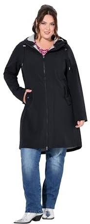 Ulla Popken dam, stora storlekar, plus storlek, HYPRAR, softshell-lång jacka, vattenavvisande, huva, svart, 50-52
