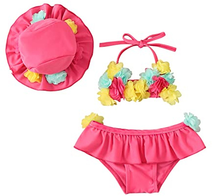 CocMouse Infant Baby Girl 3Pcs Swimsuit Baby Girl Flower Bathing Suit Halter Triangle Tops Layered Ruffle Bottoms Sun Hat Bikini Set Baby Girl Swimwear (Rosy, 6-12 Months)