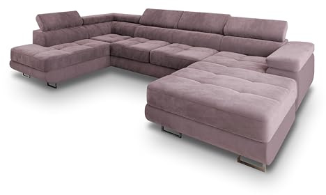 Masseno Ecksofa CASONE L-S mit Schlaffunktion U-Form, Glamour Sofa mit Bettkasten, Wohnzimmersofa, Couch, Soffa, Bettsofa, Couchgarnitur - Flieder, Monolith 62