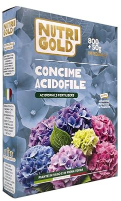 NutriGold® concime Fiori e Piante Acidofile | Fertilizzante per Ortensie, Azalee, Gardenie e Specie Acidofile - Magnesio e Ferro per Fiori Brillanti - Nutrienti Naturali di 1^ Scelta - Solido 850g