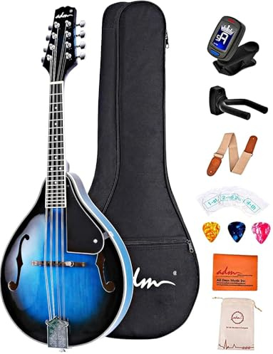 ADM Akustisches Mandolinen-Instrumenten-Set, Musik, A-Stil für Kinder, Studenten, Erwachsene, Holz-Mandolinen, Anfänger-Set mit Tasche, Stimmgerät, EQ, Gurt, Saiten, Plektren und Aufhänger, Blau