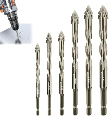 6 Pezzi Set di Punte Per Gres Porcellanato, Punta Per Vetro Piastrelle con Codolo Esagonale, 4/5/6/8/10/12mm, per Muratura, Vetro, Cemento, Muro