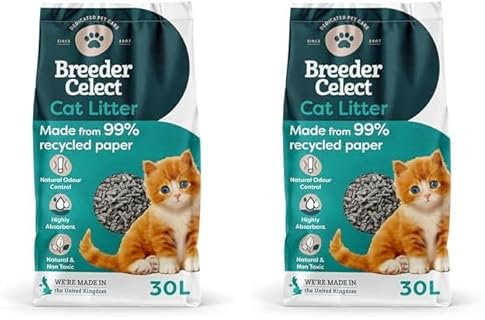 Breeder Celect All-Natural Cat Litter (30L) – 99% Recycled Paper, Highly Absorbent Kitten Cat Litter/Bedding, Excellent Odour Control, Non-Clumping, Biodegradable & Compostable (Pack of 2)