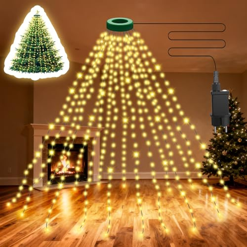 Etopgo Christbaumbeleuchtung mit Ring,16 Stränge 2.4m 480LED Lichterkette Weihnachtsbaum, Lichterkette IP44 Wasserdicht 6H Timer 8 Modi Christbaumbeleuchtung Warmweiß für Weihnachtsdeko Außen Innen
