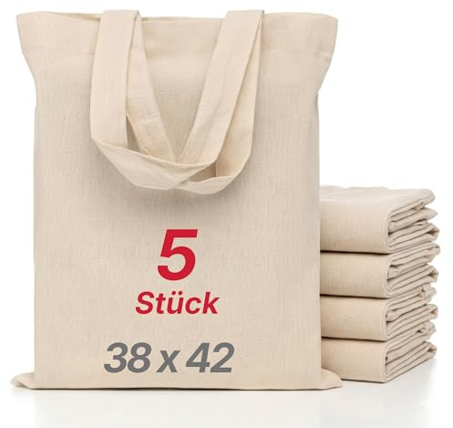 LEATEX Baumwolltasche zum Bemalen für DIY – kleine Stofftasche 38×42 cm naturfarben, unbedruckt mit kurzen Henkeln – Kinder Jutebeutel & Geschenktasche – 5/10/25er Pack