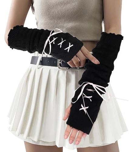 Muorruo Cute, fingerless Y2K-style arm warmers in Harajuku style for ladies and girls, long Japanese-style models, fashionable Lotila arm warmers with thumb holes (Black)