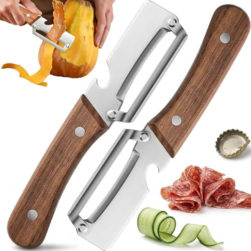 3-in-1 Multifunktionaler Gemüseschäler für die Küche Zero Snag Sparschäler integriertem Flaschenöffner für Obst,Gemüse & Fleischscheiben ergonomischem Holzgriff Universal-Sparschäler 2PCS