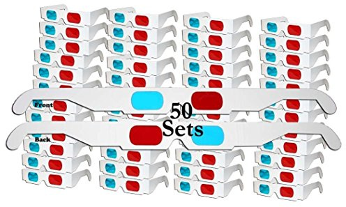 ZiYan- 50 Pairs - Flat- 3D Glasses Red and Cyan White Frame Anaglyph Cardboard