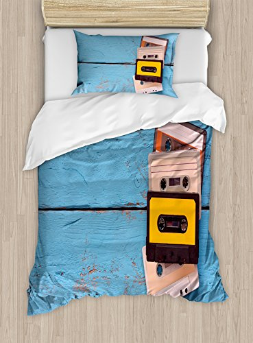 Ambesonne Indie Duvet Cover Set, Vintage Cassette Tapes on Aqua Wooden Table Close up Photo Retro Music Retro, Decorative 3 Piece Bedding Set with 2 Pillow Shams, Twin Size, Multicolor