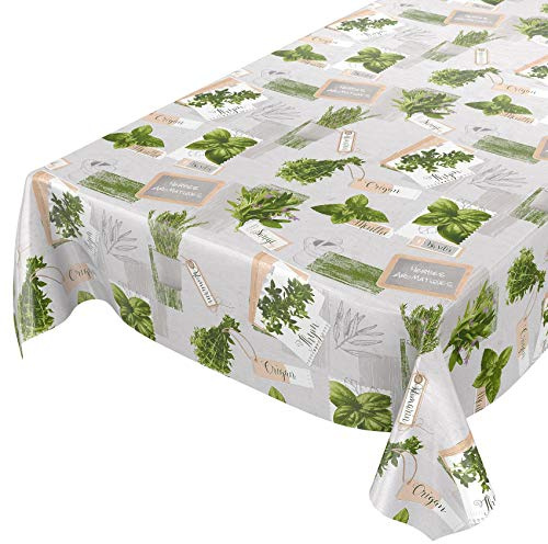 ANRO Nappe en toile cirée lavable, facile d'entretien, motifs herbes aromatiques/basilic bio, vert/beige, 280 x 140 cm, bordée