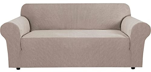 H.VERSAILTEX Stretch Sofa Covers for 3 Cushion Couch Covers Sofa Slipcovers for Living Room Feature Thick Checked Jacquard Fabric with Elastic Bottom, Sofa Large - Sand