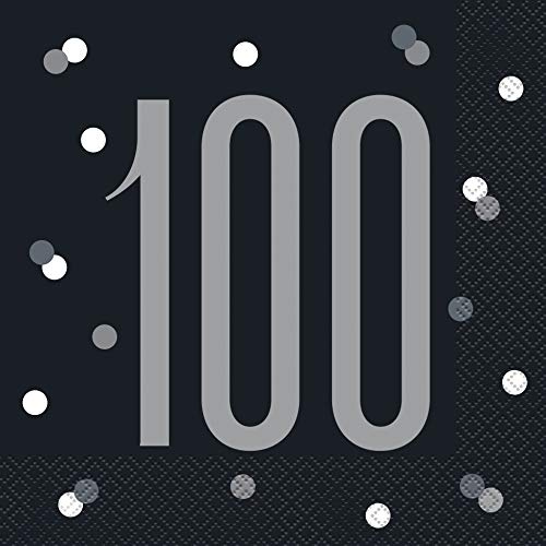 Unique 83552 Black Polka Dots 100th Birthday Luncheon Napkins Disposable | 16 Pcs, Age 100