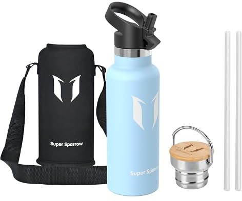 Super Sparrow Vattenflaska Barn - 500ml - Rostfritt Stål Metallflaska - Termos Standard Mun - Giftfri BPA-Fri - Perfekt Som Sportflaska - 2 Lock