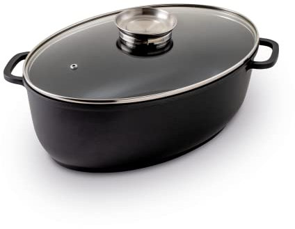 KHG Aromabräter 8,5 l mit Glasdeckel | Bräter 26x44 cm aus Aluminium oval in schwarz, Induktion, mit Aromaknopf, spülmaschinengeeignet, Backofengeeignet