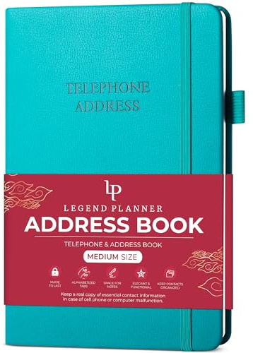 Legend Planner Address Book with Alphabetical Tabs –Telephone Contacts Book for Phone Numbers, Addresses, Passwords, Medium (Turquoise)