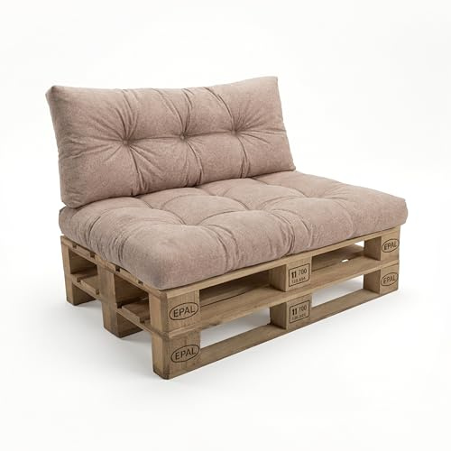 POKAR Set di Cuscini per Europallet da 2 pezzi: 1x Cuscino-sedile 120x80cm + 1x Cuscino-schienale 120x40cm, per Divano da Giardino, per Interno ed Esterno, senza Pallet, beige