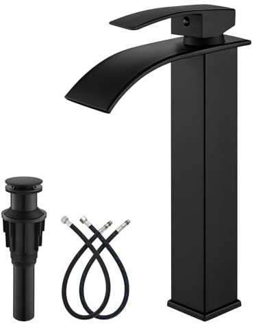 gotonovo Waterfall Tall Bathroom Faucet Single Handle Bathroom Faucets for Sink 1 Hole Stainless Steel Vessel Sink Faucet Modern Mixer Tap Wash Basin Faucet with Pop Up Drain, Matte Black