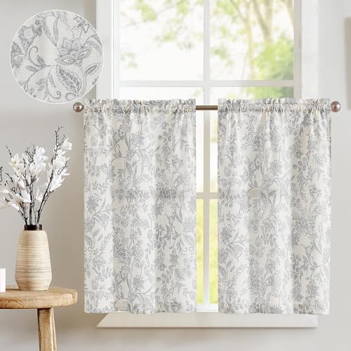 TOPICK Leinen Scheibengardinen Blumen Küchengardinen 2er-Set H90xB65(cm) Landhausstil Modern Gardinen Vorhänge Kurz Bistrogardine für Wohnzimmer Badezimmer Fenster Kurzstores Grau auf Beige