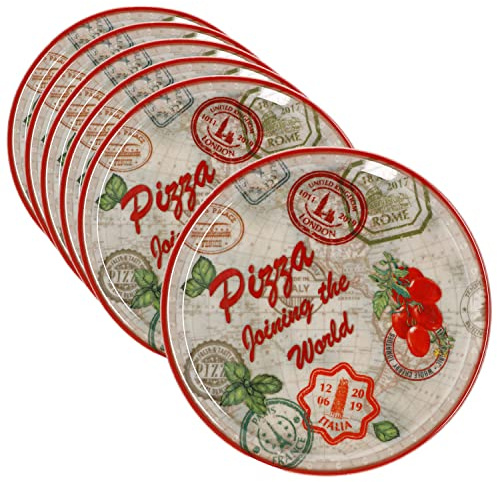 MamboCat 6er Set Pizzateller Rom rot Ø 33 cm I Servier Platten mit Motiven I Vorspeisenplatten zum Anrichten für Antipasti oder Tomate-Mozzarella I Bunte Porzellanteller für Pizza Pasta & Co