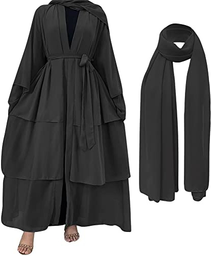 OBEEII Frauen Kleid Moslems Lose Lange Strickjacke mit Ausgestellten Ärmeln Robe Kleidung Abaya Islamischer Araber Kaftan Dubai Muslimisches Gebetskleid Robe mit Hijab Schwarz S
