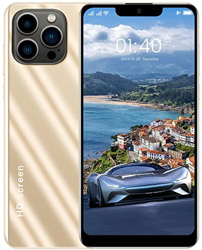 IP13 Pro Max Entsperrtes Mobiltelefon Mit Gesichtserkennung, 6,1 Zoll FHD Bildschirm, 3 GB RAM 32 GB ROM, 2800 mAh , Dual SIM Prepaid Smartphone, GSM (Gold)