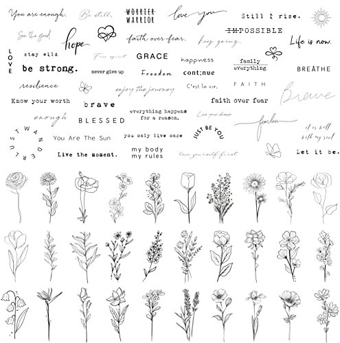 Esland Realistische Temporäre Tattoos 60 Blatt Winzige Kleine Abnehmbare Tattoos, 30 Stück Inspirierende Zitate Worte Tattoo, 30 Stück Wilde Blumen Ink Line Botanische Blumenblätter Tattoo Aufkleber
