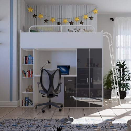 Marlux-Meble Hochbett JSM-4 80x190 mit Kleiderschrank Schreibtisch und Leiter Hochglanz Kinderbetten Funktionsbett Etagenbett Stockbett Kinderhochbett Jugendhochbett (Graphit Glanz)