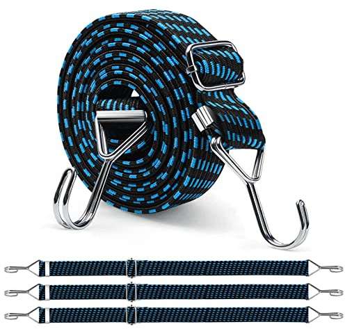 Newthinking 3M Adjustable Bungee Cords with Hooks, 4 Pack Blue Heavy Duty Flat Bungee Cords Elastic Straps for Bicycles Camping Tent Luggage Fixing