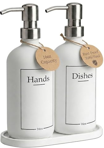 RM Home White Glass Hand and Dish Soap Dispenser Set - Modern Farmhouse Sink Accessories - Liquid Soap Dispenser - 16 oz Kitchen Sink Soap Dispenser Set with Tray, Stainless Pumps & Funnel